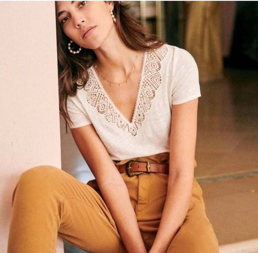 Sézane Mina Linen Crochet Neckline Short Sleeve T-Shirt - Picture 6 of 7